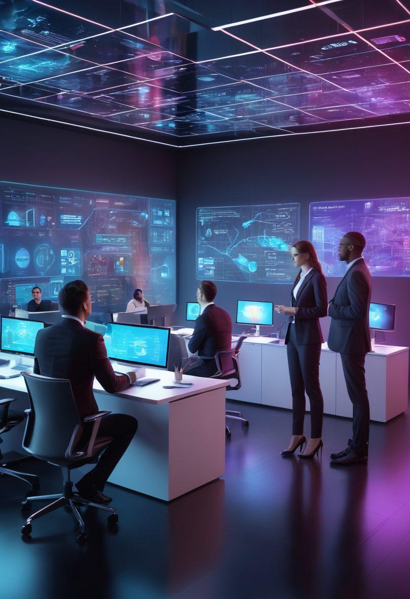 A futuristic office environment showcasing a diverse group of professionals collaborating over digital interfaces and holograms representing insurance data and client interactions. Include elements like virtual reality headsets, sleek gadgets, and infographics displaying insurance trends. The ambience should be bright, emphasizing innovation and technology in client management. super-realistic. vibrant colors. 3D.
