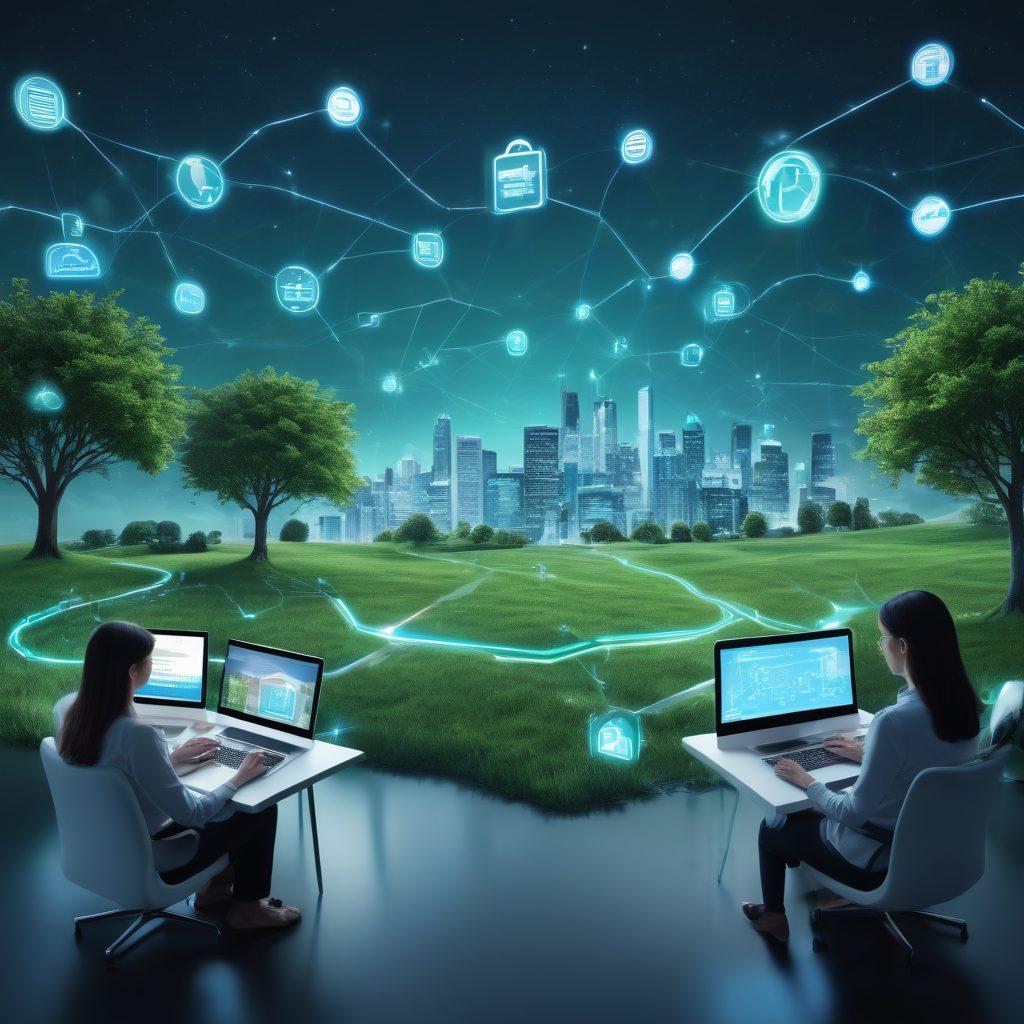 A modern digital landscape showcasing a diverse group of people using laptops and tablets, surrounded by floating icons of various insurance policies and coverage options. Soft blue and green tones symbolize trust and security, while the backdrop features abstract representations of technology, like circuits and data streams. The scene is both informative and engaging, highlighting the connection between technology and insurance. super-realistic. vibrant colors. 3D.