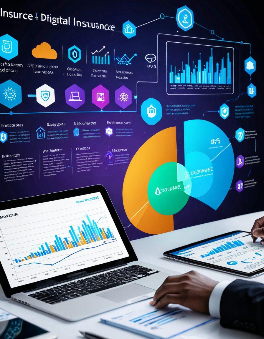 A futuristic scene depicting a sleek digital interface with visually engaging graphs and analytics related to e-insurance, surrounded by diverse clients interacting with virtual agents. Use vibrant colors to illustrate innovation and connection, showcasing a blend of technology and human interaction. Incorporate elements like smart devices, cloud symbols, and digital insurance documents floating around. Aim for a high-tech atmosphere that reflects revolutionizing client services. super-realistic. vibrant colors. white background.